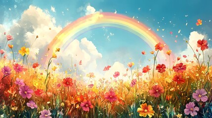 A cheerful rainbow arching over a vibrant field of flowers, soft pastel hues creating a magical scene for a child's room, watercolor style