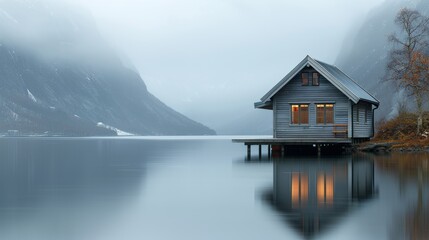 Fototapeta premium Cozy Cabin Nestled in the Serene Fjords of Norway with Snow Capped Mountains and Tranquil Lake