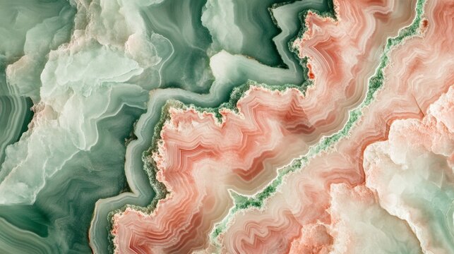Close-up of a beautiful pink and green agate stone with intricate patterns.