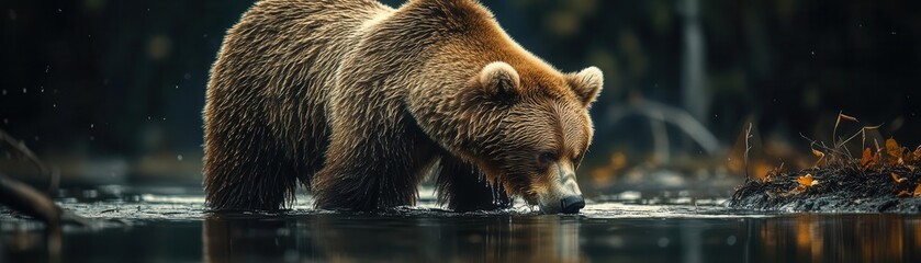 Obraz premium An intimate close-up of a bear foraging near a riverbank, the bear's image reflected in the water.