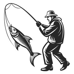 Fisherman with a fishing rod and fish silhouette vector illustration on a white background