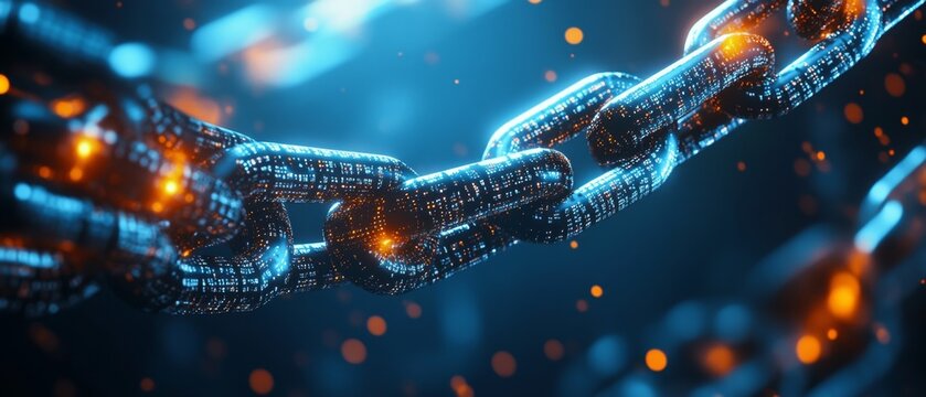 Close-up of a metallic chain made of binary code glowing with blue and orange light.