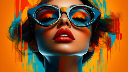 A vibrant portrait of a woman with bold makeup and oversized sunglasses against a colorful backdrop.