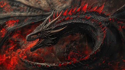The majestic dragon Drogon, with scales gleaming in black and red, depicted in the intricate style of Renaissance art