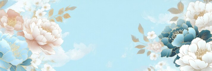 Delicate blue and pink flowers with gold accents on a pale blue background.