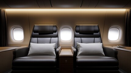 Elegant leather-clad seats in a private jet, soft ambient lighting, and polished wood accents, creating a cozy yet sophisticated atmosphere