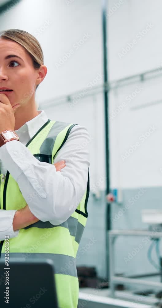 Poster arms crossed, laptop and problem solving with woman engineer in factory for inventory management or 