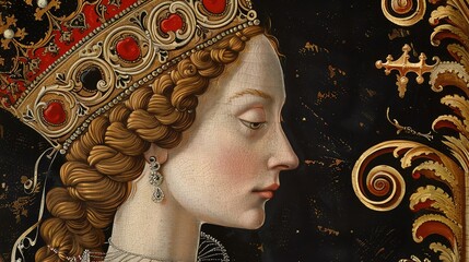 Queen Elizabeth of York depicted with regal splendor and meticulous detail in Renaissance art