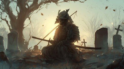 Silent Skull Samurai Meditating in a Graveyard