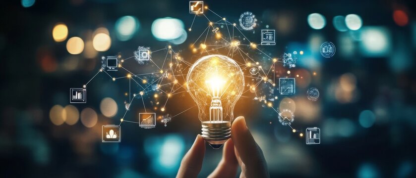 Hand holding a light bulb with glowing lines connecting it to various icons, representing new ideas, innovation, and technology.