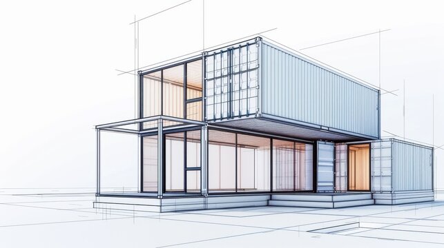 A detailed architectural sketch showcasing a modern container house design with large windows and contemporary elements.