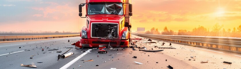 A dramatic scene of a red truck accident on a highway during sunset, showcasing debris and a sense of urgency.