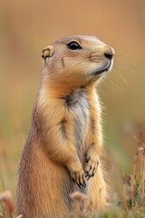Fototapeta premium A detailed close-up of a prairie dog standing in a grassland, side view, highlighting the soft fur and the beauty of its natural habitat.