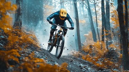 A man is riding a dirt bike in a forest
