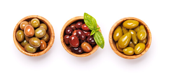 An assortment of various olives presented in a bowl, showcasing different colors, textures, and...