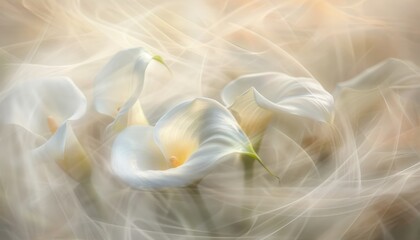 White calla lilies captured in soft focus with blurred background in natural light