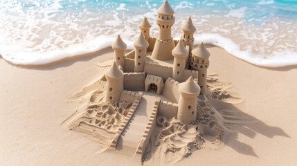 A majestic sand castle crafted on a sandy beach, surrounded by gentle waves, evoking a sense of summer bliss and creativity.