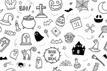 Halloween hand drawn pattern seamless background. Cover halloween doodle style for textile fabric cute design.