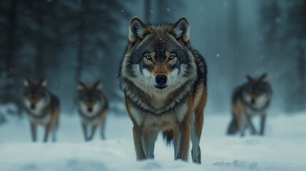 A pack of wolves are walking through the snow