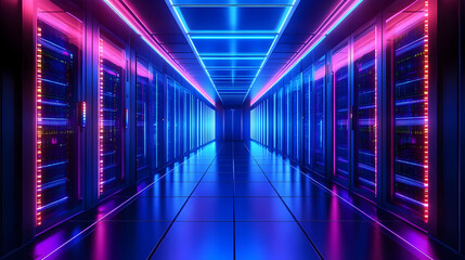 A futuristic data center corridor illuminated with vibrant blue and pink lights.