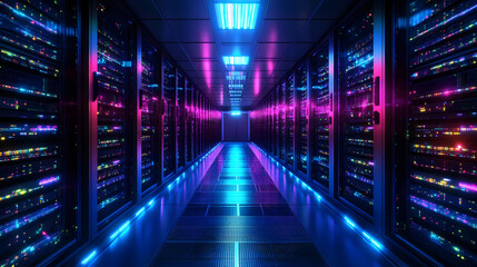 A futuristic data center with illuminated server racks and vibrant lighting.