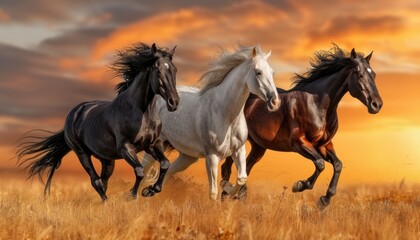 Horses running freely in a golden meadow during sunset