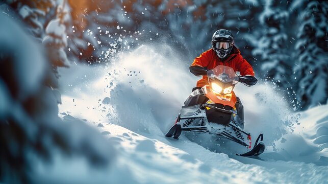 A man is riding a snowmobile in the snow