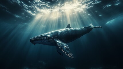 Fototapeta premium A whale is swimming in the ocean with the sun shining on it