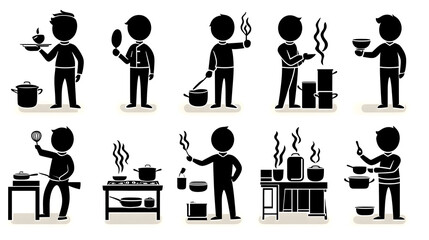 A series of cooking icons depicting various kitchen activities and utensils.