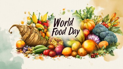 Watercolor illustration of fresh vegetables and fruits for World Food Day.