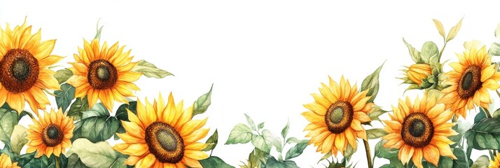 Watercolor painting of a beautiful sunflower border with green leaves on a white background.