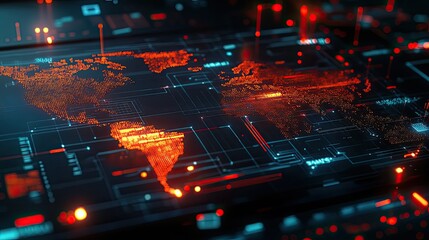 Obraz premium Digital World Map with Red and Blue Circuitry