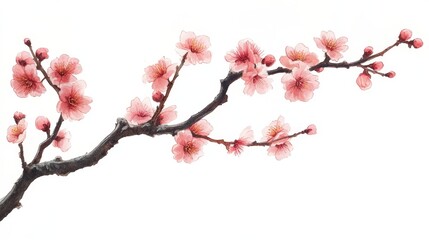 Watercolor painting of a delicate pink cherry blossom branch with soft petals and brown branches isolated on a white background.