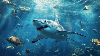 Fototapeta premium A shark is swimming in a school of fish
