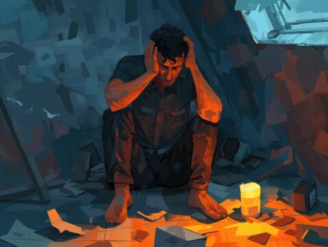 A solitary man sitting on the floor, holding his head in distress, surrounded by shadows and a flickering candlelight.