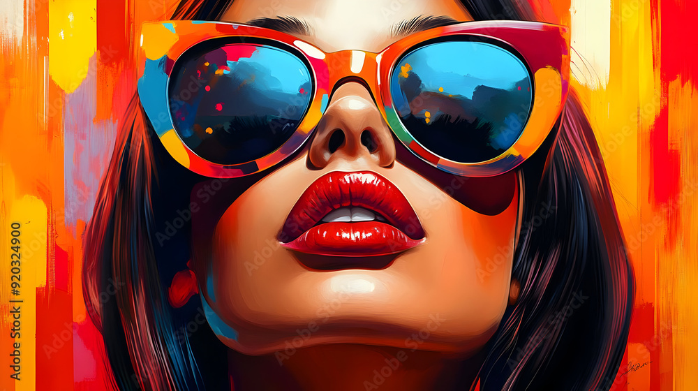 Canvas Prints A vibrant portrait of a woman wearing colorful sunglasses, exuding confidence and style.