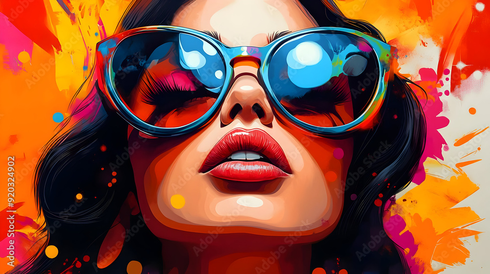 Sticker A vibrant illustration of a woman wearing sunglasses, with colorful splashes in the background.