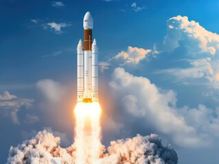 A stunning rocket launching into the sky, surrounded by clouds and smoke, symbolizing innovation and exploration.