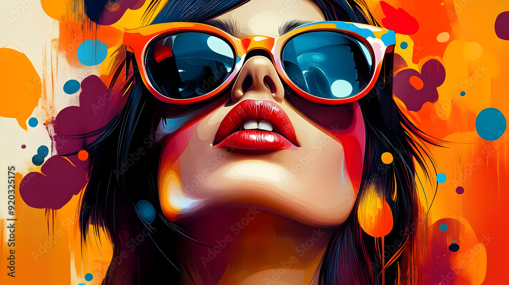 Sticker A vibrant portrait of a woman with bold colors and stylish sunglasses.