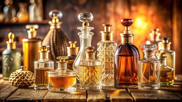 Vintage style bottles and flacons with perfume essences and oils in a spirit of perfume concept , perfume, vintage, bottles