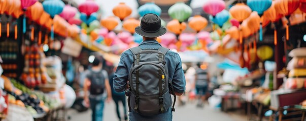 A traveler explores a vibrant market adorned with colorful lanterns, capturing the essence of culture and adventure.