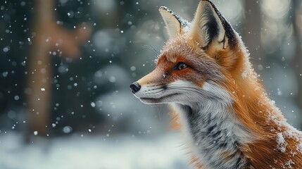 Obraz premium A close-up shot of a fox in a snowy forest, side view, where the contrast between the fur and snow is emphasized.