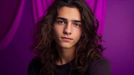 Fototapeta premium Happy cheerful young latino generation z. Smiling funny ethnic cool generation z teenage student with long hair, red background.