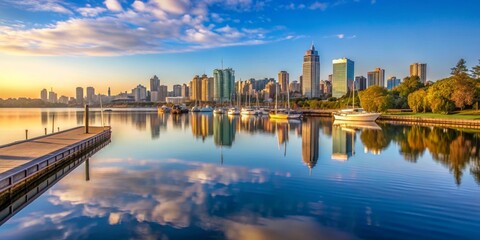 Obraz premium Tranquil morning scene at city waterfront with calm water and cityscape in the background, serene, morning, urban