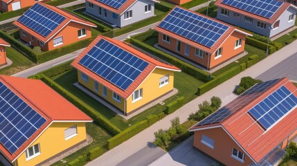 Aerial view of colorful houses with solar panels, showcasing eco-friendly living and sustainable energy solutions.