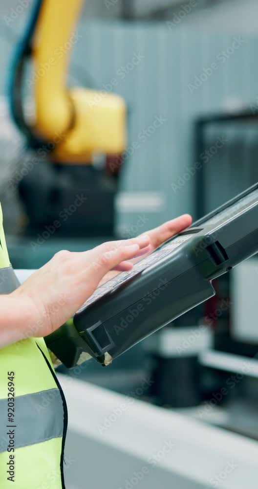 Poster machine, automation and man in factory with control panel in hands at manufacturing warehouse. engin