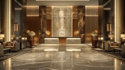 Luxurious hotel lobby with marble floors, a grand reception desk, and elegant seating.