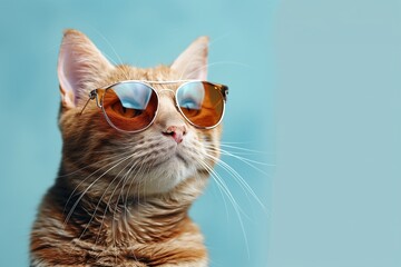 Closeup of a funny ginger cat wearing sunglasses isolated on light blue