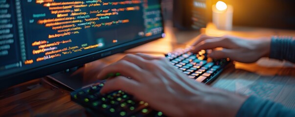 Close-up of hands typing on a keyboard while programming on a computer, with code on the screen and ambient lighting.