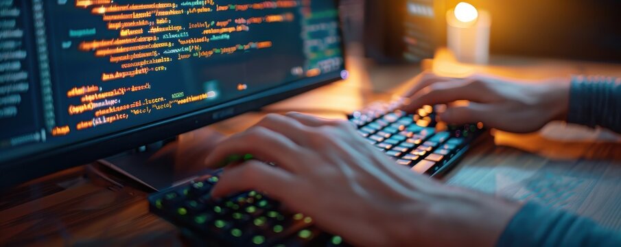 Close-up of hands typing on a keyboard while programming on a computer, with code on the screen and ambient lighting.